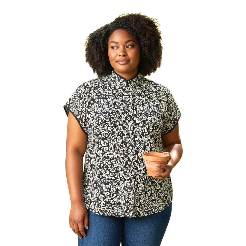 Natorious Natori Womens Large Black White Floral‎ Mandarin Collar Blouse Top L